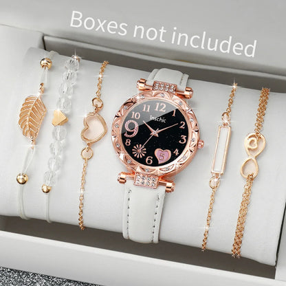 6PCS/Set Fashion Heart Dial Women's Watch Casual Leather Band Analog Quartz Watch Leaf Bracelets Set（Without Box）
