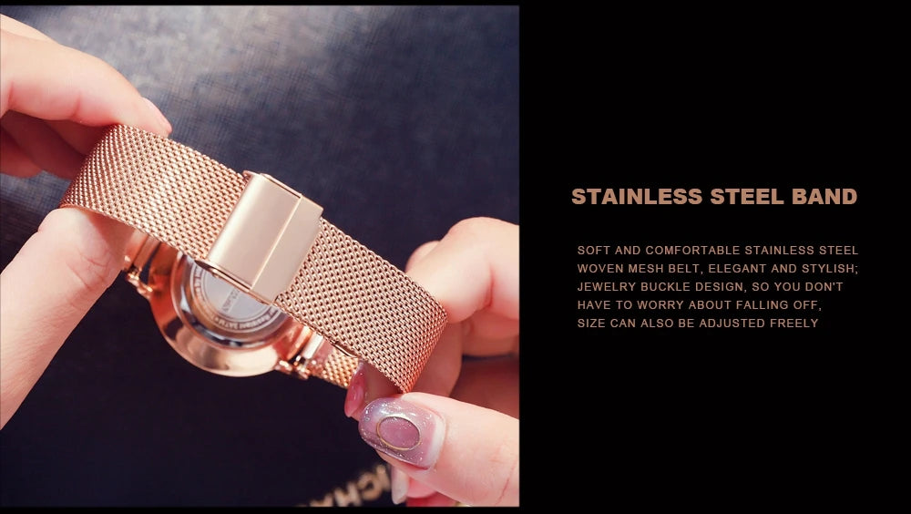 2023 New Women Bracelet Watch 1 Set Japan Quartz Movement Simple Rose Gold Stainless Steel Mesh Student Watches Relogio Feminino
