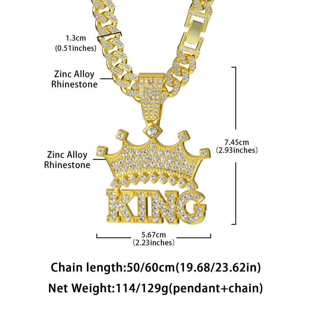 Men Hip Hop Crown with King Pendant Necklace with 13mm Crystal Cuban Chain HipHop Iced Out Bling Necklaces Fashion Charm Jewelry