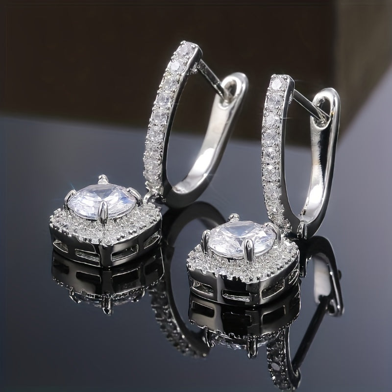 Luxurious Square Shaped Zirconia Dangle Earrings - Hoop - Sterling 925 Silver, Shiny, Luxury Style, Banquet Party, Decorative Ear Jewelry with High-Quality Ornament