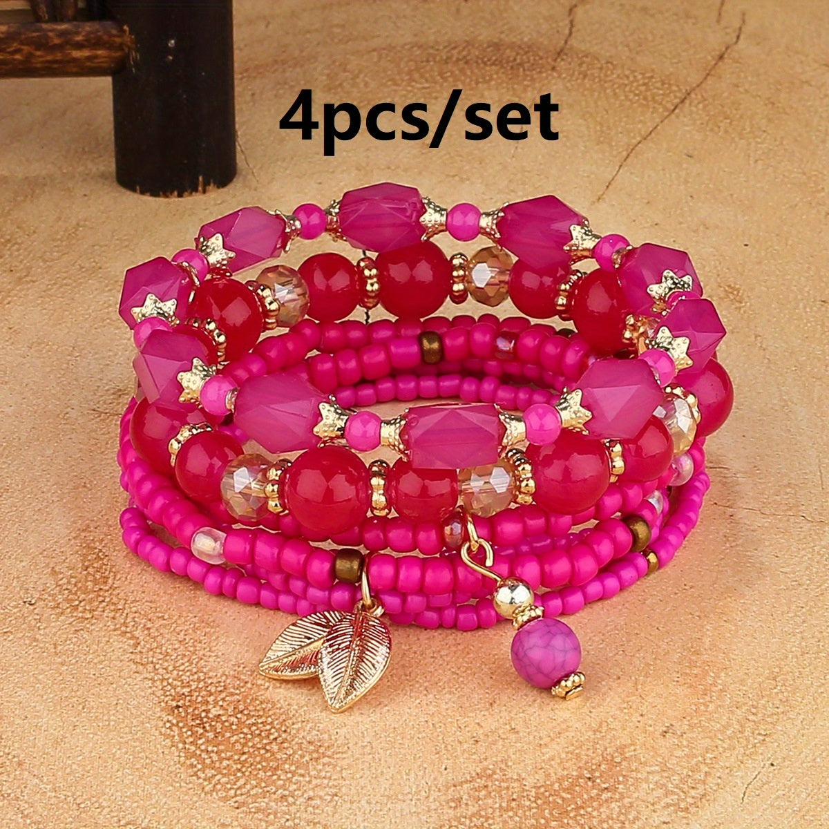 4pcs Rustic Bohemian Leaf Pendant Mens Bracelet Set - Stylish Vacation Jewelry with Adjustable Strings, Handmade Uniqueness for Trendsetters