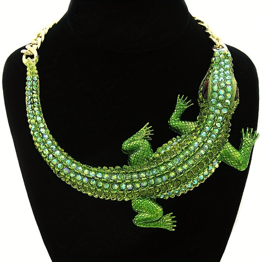 Exaggerated Large Crocodile Statement Necklace - 18K Gold Plated, Rhinestone Embellished, Zinc Alloy, Party-Perfect Animal Design Jewelry for Daily Occasions and Halloween Festivities