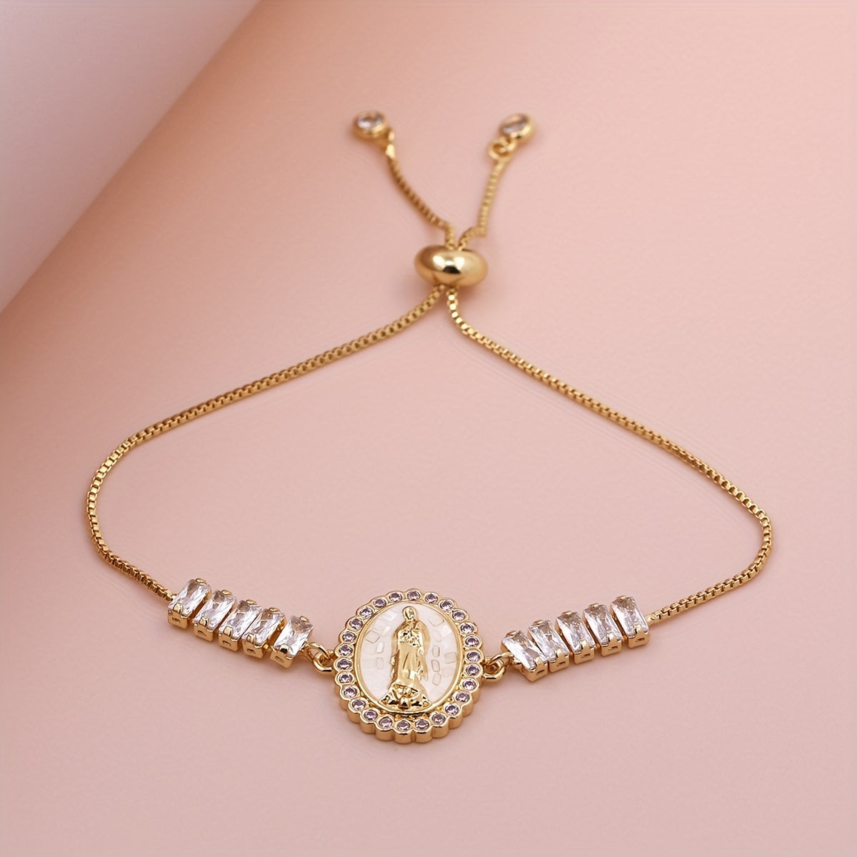 1pc Elegant White Shell Virgin Mary Adjustable Tennis Chain Link Bracelet for Men & Women, Christian Religious Round Jesus Virgin Mary Charms Jewelry