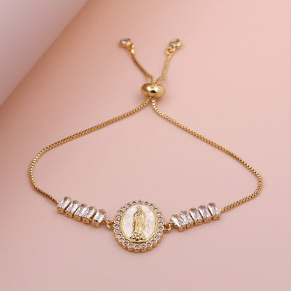 1pc Elegant White Shell Virgin Mary Adjustable Tennis Chain Link Bracelet for Men & Women, Christian Religious Round Jesus Virgin Mary Charms Jewelry