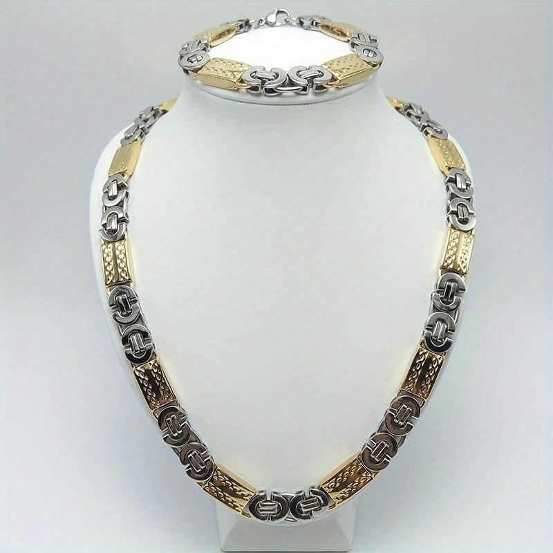 11MM Wide Men's Stainless Steel Necklace with Gold Plated Bracelet Set Elegant 18K Gold Choker Jewelry Gift for Men