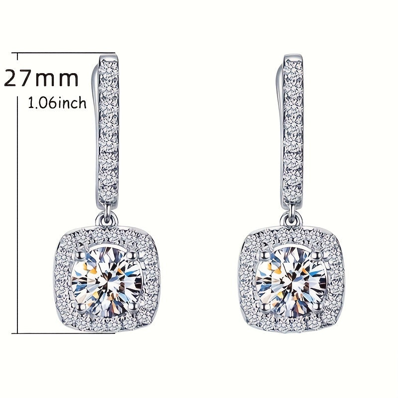 Luxurious Square Shaped Zirconia Dangle Earrings - Hoop - Sterling 925 Silver, Shiny, Luxury Style, Banquet Party, Decorative Ear Jewelry with High-Quality Ornament