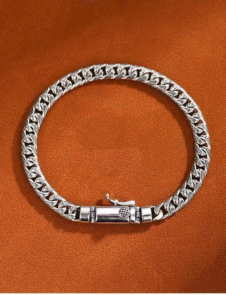 1pc S925 Silver Vintage Style Men's Bracelet, Cool Fashion Jewelry, Hip Hop Punk, Father's Day Gift
